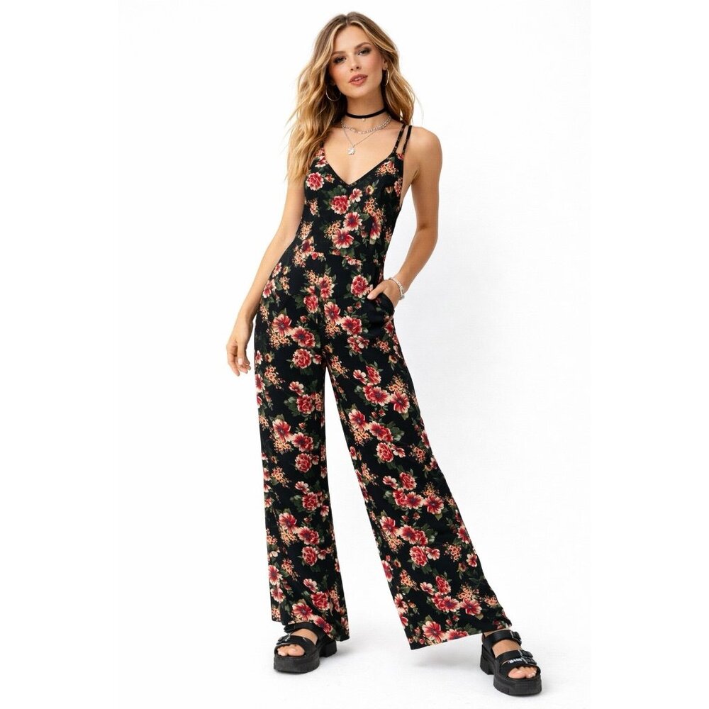 Y2K 2000s FLORAL JUMPSUIT MEDIUM wide leg sleeveless vintage mall brand retro